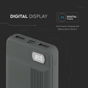 Power Bank 10000mAh με Οθόνη και 2 Θύρες Type-C/Micro USB και 2 Θύρες USB Γκρι V-TAC – 8852