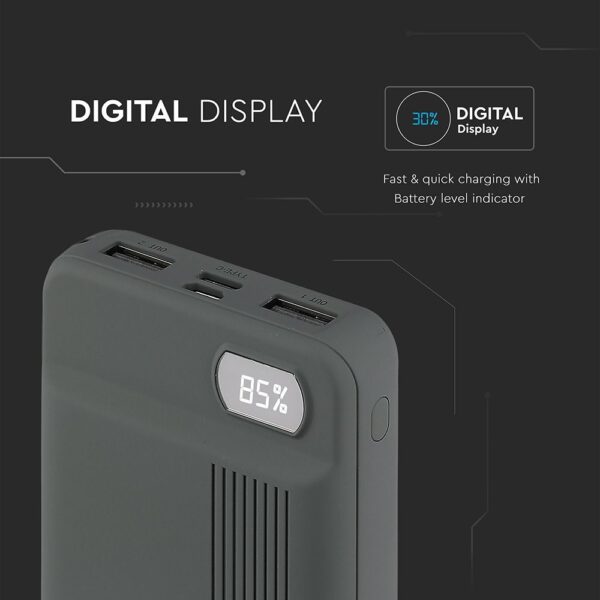 Power Bank 10000mAh με Οθόνη και 2 Θύρες Type-C/Micro USB και 2 Θύρες USB Γκρι V-TAC – 8852