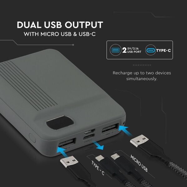Power Bank 10000mAh με Οθόνη και 2 Θύρες Type-C/Micro USB και 2 Θύρες USB Γκρι V-TAC – 8852