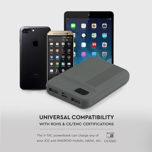 Power Bank 10000mAh με Οθόνη και 2 Θύρες Type-C/Micro USB και 2 Θύρες USB Γκρι V-TAC – 8852