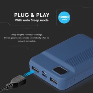 Power Bank 10000mAh με Οθόνη και 2 Θύρες Type-C/Micro USB και 2 Θύρες USB Μπλε V-TAC – 8853