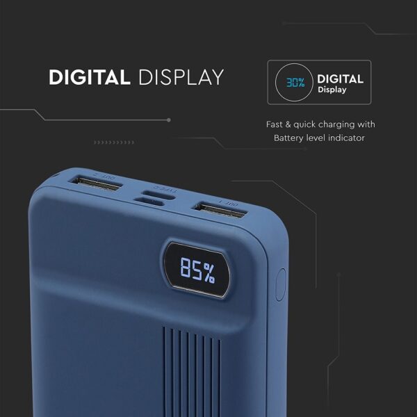 Power Bank 10000mAh με Οθόνη και 2 Θύρες Type-C/Micro USB και 2 Θύρες USB Μπλε V-TAC – 8853