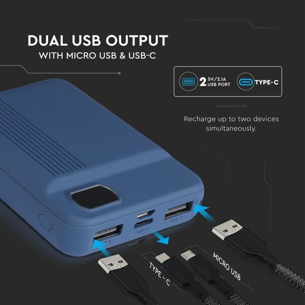 Power Bank 10000mAh με Οθόνη και 2 Θύρες Type-C/Micro USB και 2 Θύρες USB Μπλε V-TAC – 8853