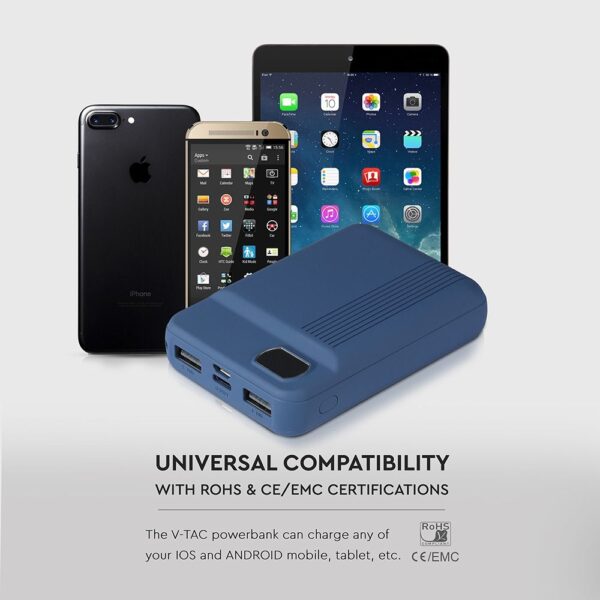 Power Bank 10000mAh με Οθόνη και 2 Θύρες Type-C/Micro USB και 2 Θύρες USB Μπλε V-TAC – 8853