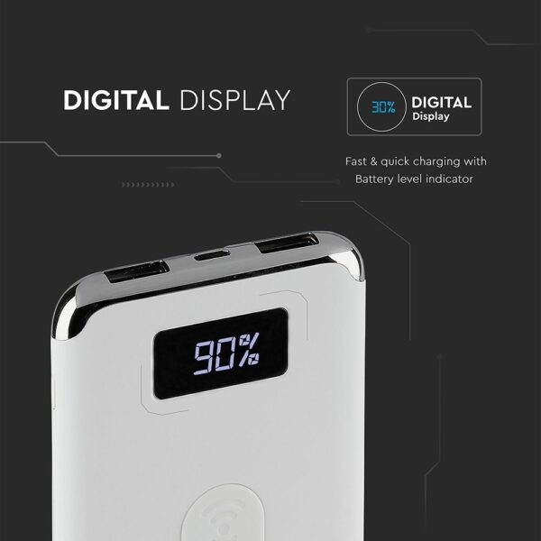 Power Bank Wireless Charging 10000mAh με Οθόνη και 2 Θύρες Type-C/Micro USB και 2 Θύρες USB Άσπρο V-TAC – 8854