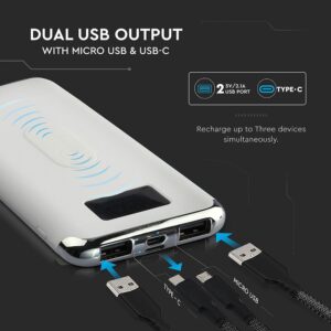 Power Bank Wireless Charging 10000mAh με Οθόνη και 2 Θύρες Type-C/Micro USB και 2 Θύρες USB Άσπρο V-TAC – 8854