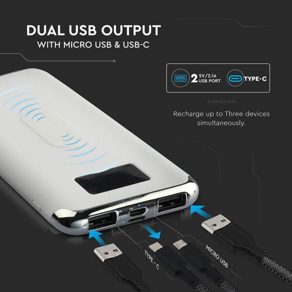 Power Bank Wireless Charging 10000mAh με Οθόνη και 2 Θύρες Type-C/Micro USB και 2 Θύρες USB Άσπρο V-TAC – 8854