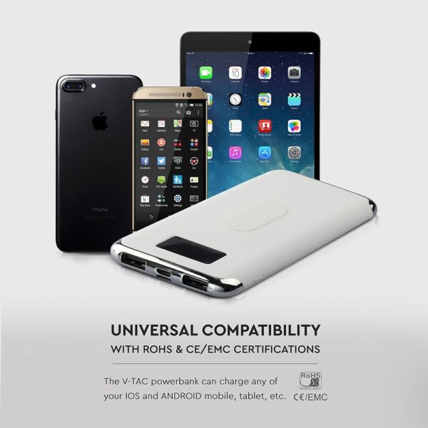 Power Bank Wireless Charging 10000mAh με Οθόνη και 2 Θύρες Type-C/Micro USB και 2 Θύρες USB Άσπρο V-TAC – 8854