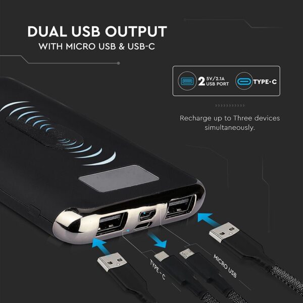 Power Bank Wireless Charging 10000mAh με Οθόνη και 2 Θύρες Type-C/Micro USB και 2 Θύρες USB Μαύρο V-TAC – 8855
