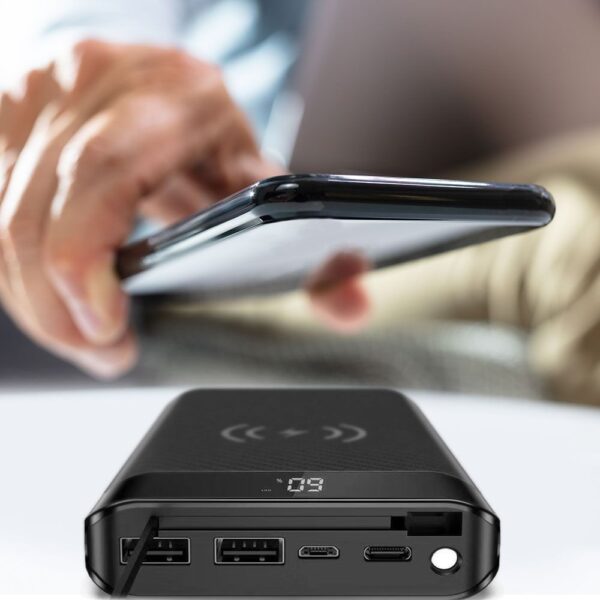 Power Bank Wireless Charging 20000mAh με Οθόνη Ενσωματωμένο Καλώδιο 2 Θύρες Type-C/Micro USB & 2 Θύρες USB Μαύρο V-TAC – 8859