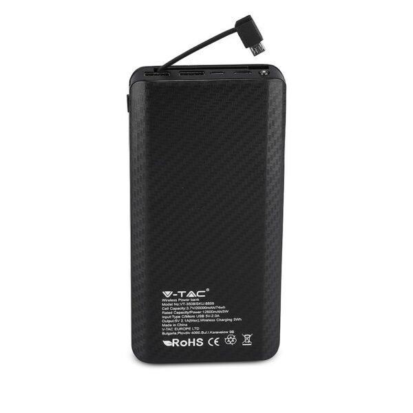 Power Bank Wireless Charging 20000mAh με Οθόνη Ενσωματωμένο Καλώδιο 2 Θύρες Type-C/Micro USB & 2 Θύρες USB Μαύρο V-TAC – 8859