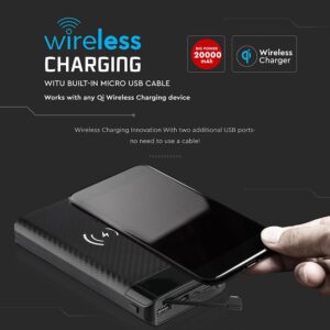 Power Bank Wireless Charging 20000mAh με Οθόνη Ενσωματωμένο Καλώδιο 2 Θύρες Type-C/Micro USB & 2 Θύρες USB Μαύρο V-TAC – 8859