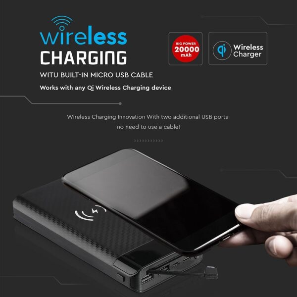 Power Bank Wireless Charging 20000mAh με Οθόνη Ενσωματωμένο Καλώδιο 2 Θύρες Type-C/Micro USB & 2 Θύρες USB Μαύρο V-TAC – 8859
