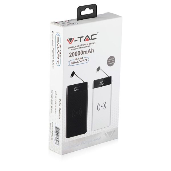 Power Bank Wireless Charging 20000mAh με Οθόνη Ενσωματωμένο Καλώδιο 2 Θύρες Type-C/Micro USB & 2 Θύρες USB Μαύρο V-TAC – 8859
