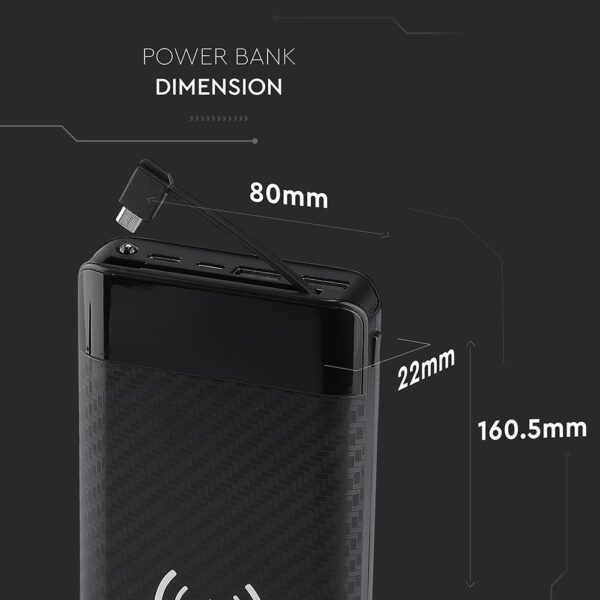Power Bank Wireless Charging 20000mAh με Οθόνη Ενσωματωμένο Καλώδιο 2 Θύρες Type-C/Micro USB & 2 Θύρες USB Μαύρο V-TAC – 8859