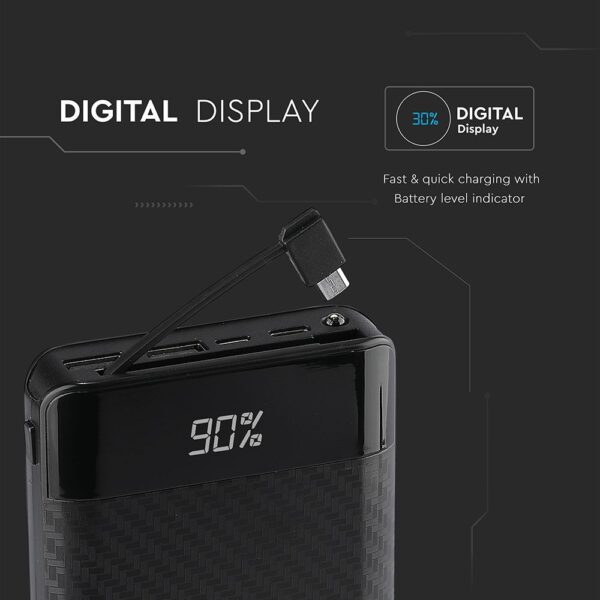 Power Bank Wireless Charging 20000mAh με Οθόνη Ενσωματωμένο Καλώδιο 2 Θύρες Type-C/Micro USB & 2 Θύρες USB Μαύρο V-TAC – 8859
