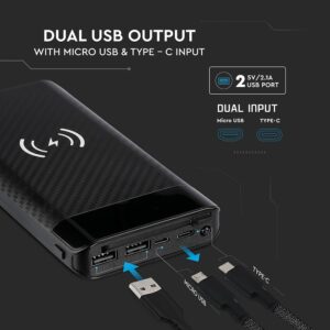 Power Bank Wireless Charging 20000mAh με Οθόνη Ενσωματωμένο Καλώδιο 2 Θύρες Type-C/Micro USB & 2 Θύρες USB Μαύρο V-TAC – 8859