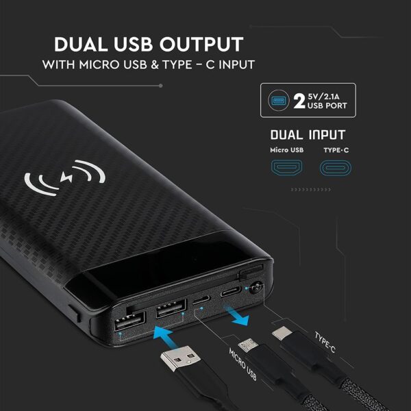 Power Bank Wireless Charging 20000mAh με Οθόνη Ενσωματωμένο Καλώδιο 2 Θύρες Type-C/Micro USB & 2 Θύρες USB Μαύρο V-TAC – 8859