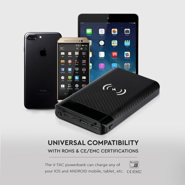 Power Bank Wireless Charging 20000mAh με Οθόνη Ενσωματωμένο Καλώδιο 2 Θύρες Type-C/Micro USB & 2 Θύρες USB Μαύρο V-TAC – 8859