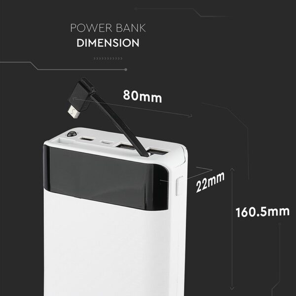 Power Bank Wireless Charging 20000mAh με Οθόνη Ενσωματωμένο Καλώδιο 2 Θύρες Type-C/Micro USB & 2 Θύρες USB Λευκό V-TAC – 8860