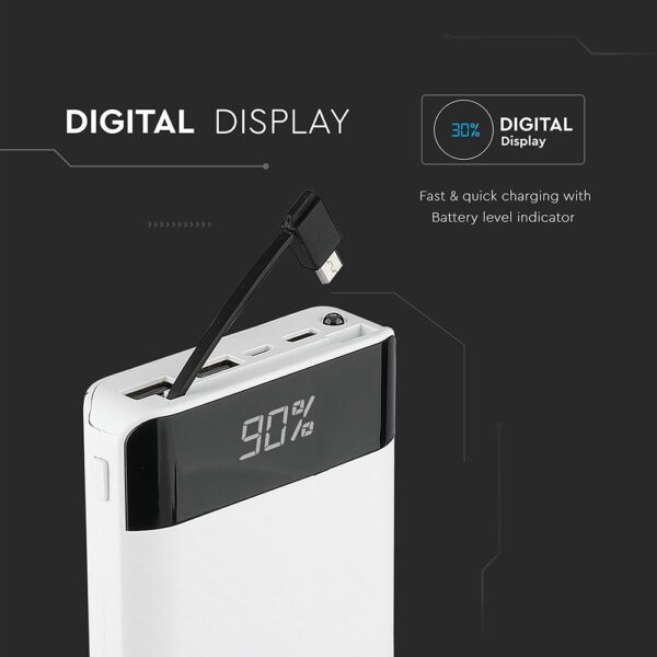 Power Bank Wireless Charging 20000mAh με Οθόνη Ενσωματωμένο Καλώδιο 2 Θύρες Type-C/Micro USB & 2 Θύρες USB Λευκό V-TAC – 8860