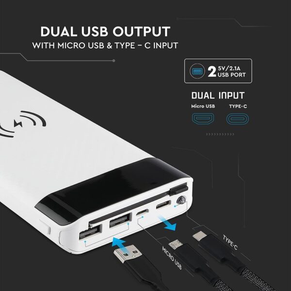 Power Bank Wireless Charging 20000mAh με Οθόνη Ενσωματωμένο Καλώδιο 2 Θύρες Type-C/Micro USB & 2 Θύρες USB Λευκό V-TAC – 8860
