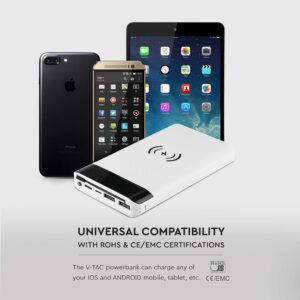 Power Bank Wireless Charging 20000mAh με Οθόνη Ενσωματωμένο Καλώδιο 2 Θύρες Type-C/Micro USB & 2 Θύρες USB Λευκό V-TAC – 8860