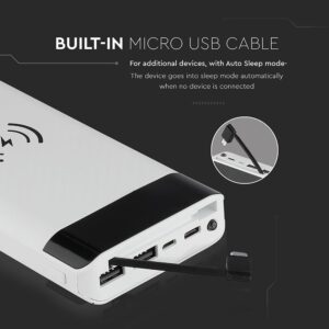 Power Bank Wireless Charging 20000mAh με Οθόνη Ενσωματωμένο Καλώδιο 2 Θύρες Type-C/Micro USB & 2 Θύρες USB Λευκό V-TAC – 8860