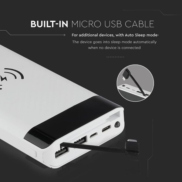 Power Bank Wireless Charging 20000mAh με Οθόνη Ενσωματωμένο Καλώδιο 2 Θύρες Type-C/Micro USB & 2 Θύρες USB Λευκό V-TAC – 8860