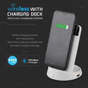 Wireless Power Bank 8000mAh με λευκό σώμα και βάση V-TAC – 8861