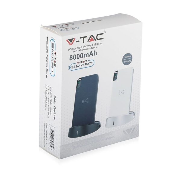 Wireless Power Bank 8000mAh με λευκό σώμα και βάση V-TAC – 8861
