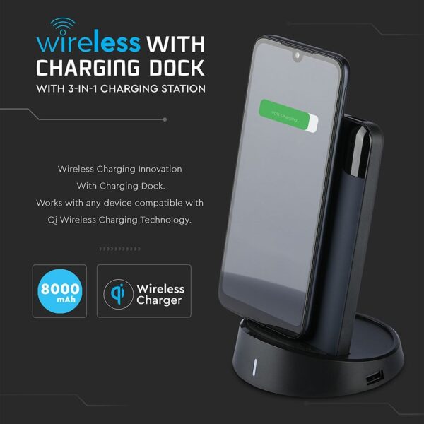 Wireless Power Bank 8000mAh με μπλε σώμα και βάση V-TAC – 8862