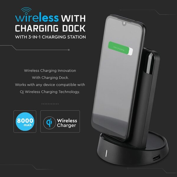 Power Bank Wireless Charging 8000mAh με Οθόνη και Βάση Φόρτισης Μαύρο V-TAC – 8863