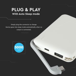 Power Bank 5000mAh Λευκό V-TAC με ενσωματωμένο καλώδιο – 8864