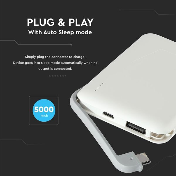 Power Bank 5000mAh Λευκό V-TAC με ενσωματωμένο καλώδιο – 8864