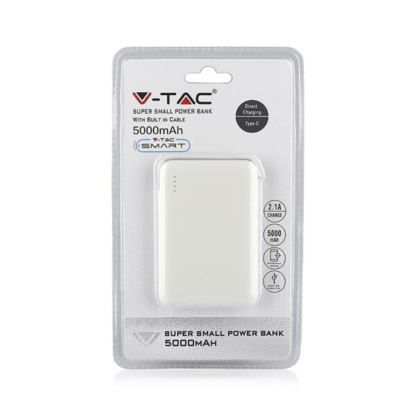 Power Bank 5000mAh Λευκό V-TAC με ενσωματωμένο καλώδιο – 8864