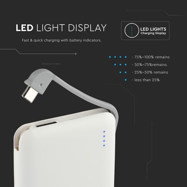 Power Bank 5000mAh Λευκό V-TAC με ενσωματωμένο καλώδιο – 8864