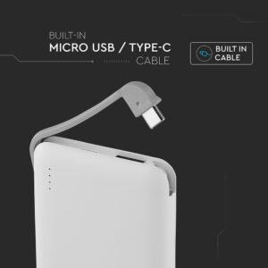 Power Bank 5000mAh Λευκό V-TAC με ενσωματωμένο καλώδιο – 8864