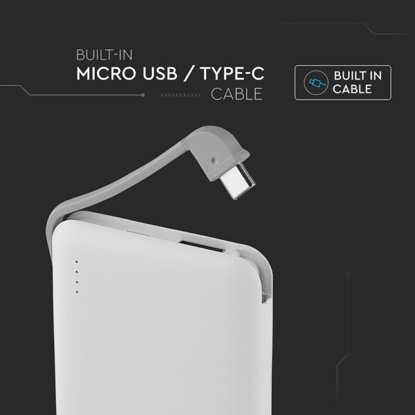 Power Bank 5000mAh Λευκό V-TAC με ενσωματωμένο καλώδιο – 8864