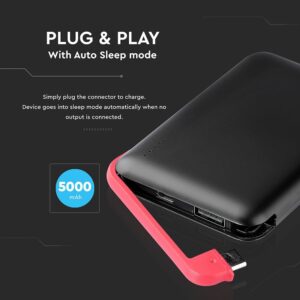Power Bank 5000mAh Μαύρο V-TAC με ενσωματωμένο καλώδιο – 8865