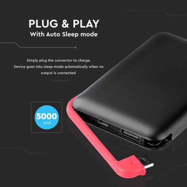 Power Bank 5000mAh Μαύρο V-TAC με ενσωματωμένο καλώδιο – 8865