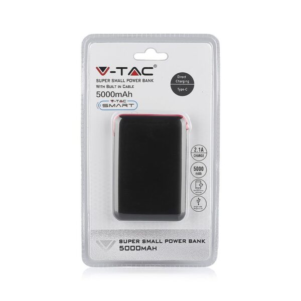 Power Bank 5000mAh Μαύρο V-TAC με ενσωματωμένο καλώδιο – 8865