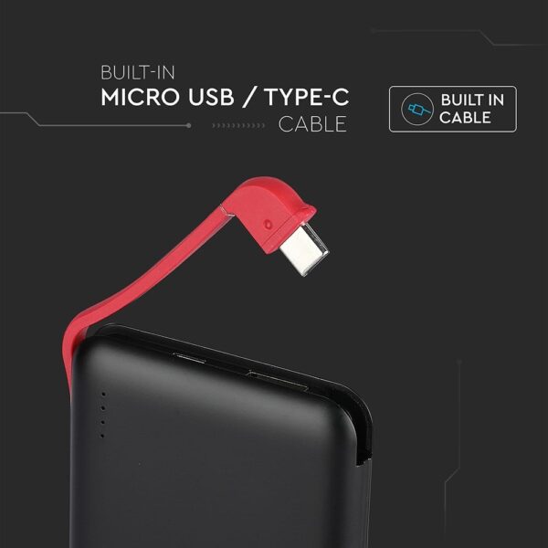 Power Bank 5000mAh Μαύρο V-TAC με ενσωματωμένο καλώδιο – 8865