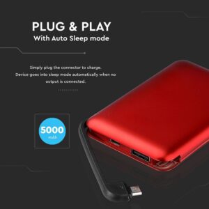 Power Bank 5000mAh Κόκκινο V-TAC με ενσωματωμένο καλώδιο – 8866