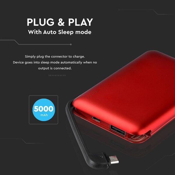 Power Bank 5000mAh Κόκκινο V-TAC με ενσωματωμένο καλώδιο – 8866