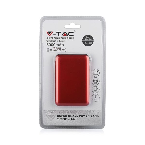 Power Bank 5000mAh Κόκκινο V-TAC με ενσωματωμένο καλώδιο – 8866