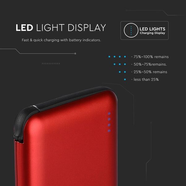 Power Bank 5000mAh Κόκκινο V-TAC με ενσωματωμένο καλώδιο – 8866