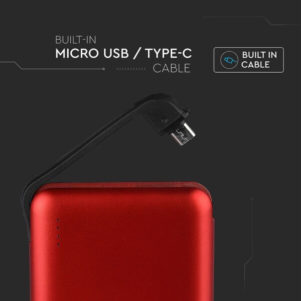 Power Bank 5000mAh Κόκκινο V-TAC με ενσωματωμένο καλώδιο – 8866