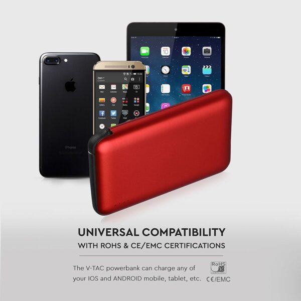 Power Bank 5000mAh Κόκκινο V-TAC με ενσωματωμένο καλώδιο – 8866