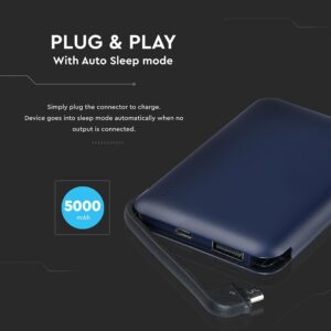 Power Bank 5000mAh Μπλε V-TAC με ενσωματωμένο καλώδιο – 8868